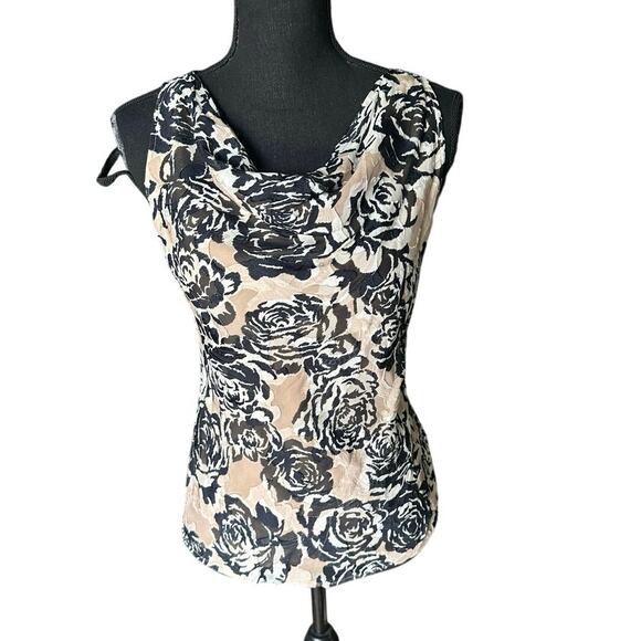 St. John Petite Sleeveless Floral Cowl Neck Top Black Beige Rose Print | Size P - Picture 1 of 8